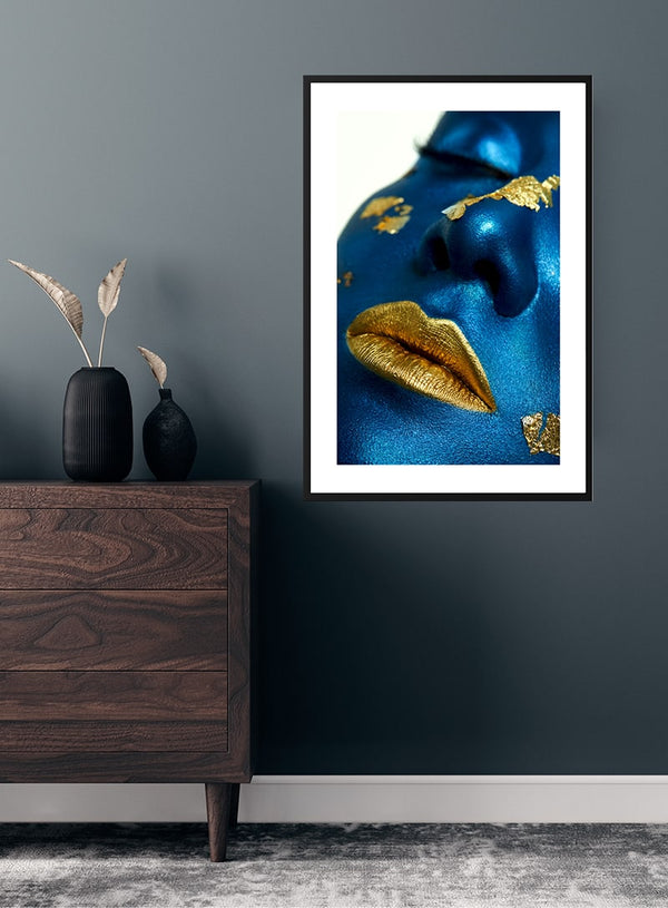 Golden lips on blue poster