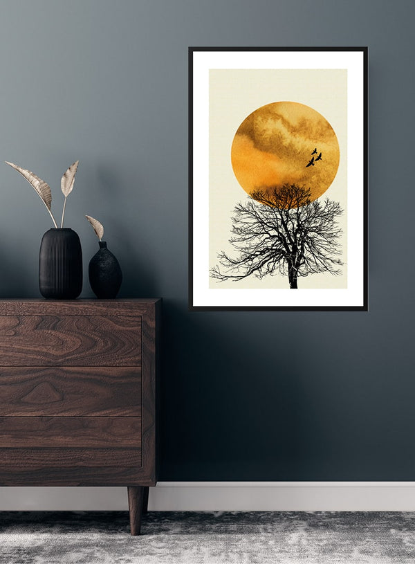 Sunrise birds and a tree poster