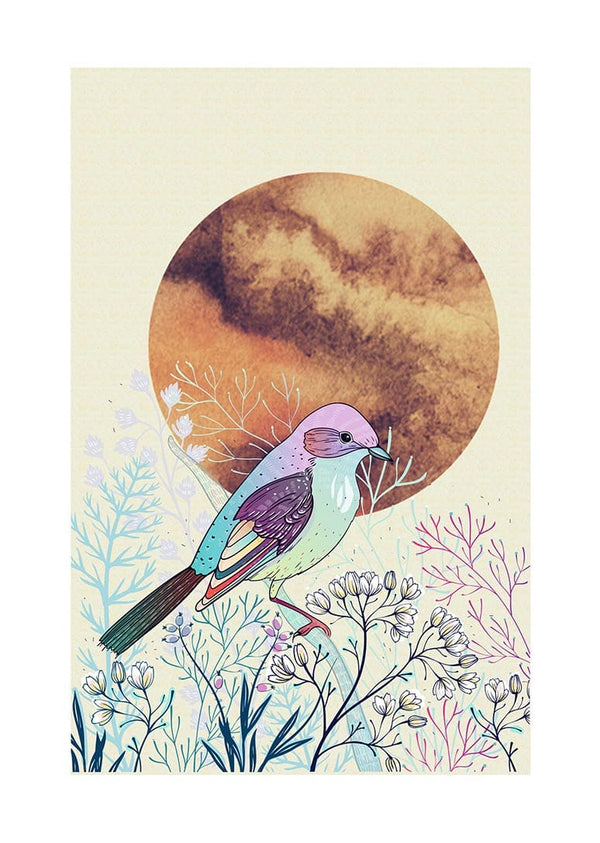 Sunrise bird and flowers poster