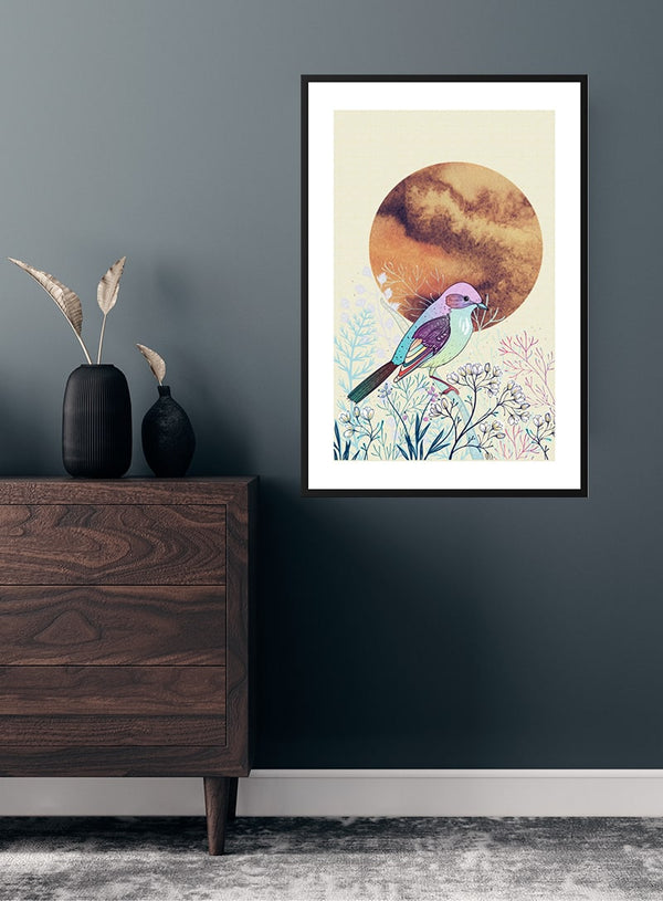 Sunrise bird and flowers poster