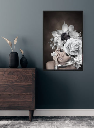 Silver flowers 1 poster featuring a woman with large, detailed floral arrangement on her head, displayed in a modern room.