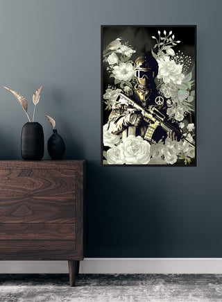 Poster of a soldier holding a rifle, surrounded by white flowers and peace symbols, on a dark wall.