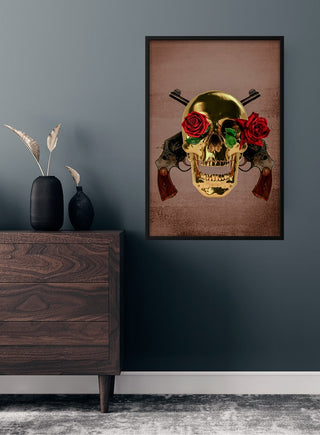 Guns n Roses poster featuring a gold skull with red roses and pistols, displayed on a modern wall.