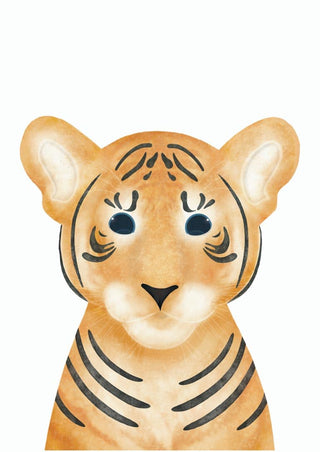 Cute illustrated tiger with big eyes and soft colors, designed for a children's poster.
