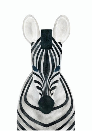 Cute illustrated zebra with bold black and white stripes, designed for children's room decor poster.