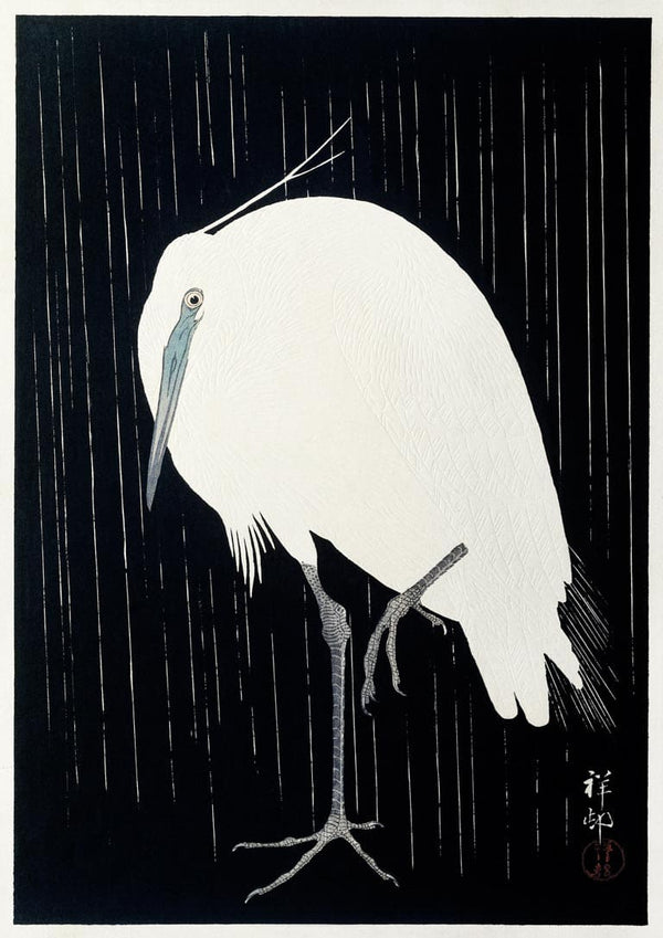 Egret in the rain - Ohara Koson poster