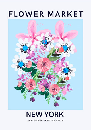 Colorful bouquet of pink, white, and purple flowers on a blue background with "Flower Market New York" text.