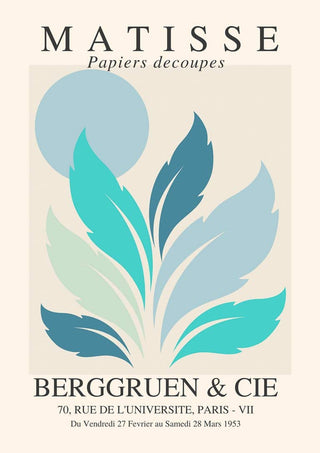 Abstract blue and teal leaf shapes with a circular sun, inspired by Matisse, on a beige background.