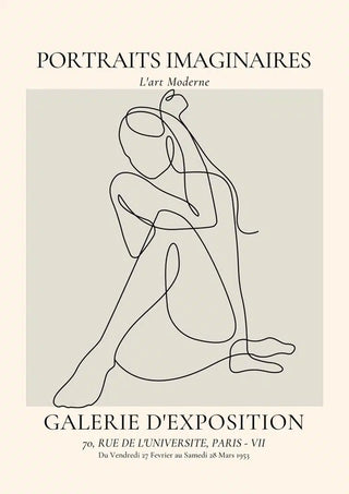 Minimalist line art of a seated woman on a beige background with "Portraits Imaginaires" text above.