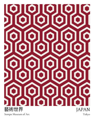 Red geometric hexagon pattern, "SOMPO Museum of Art," and "Japan, Tokyo" text on exhibition plakat.