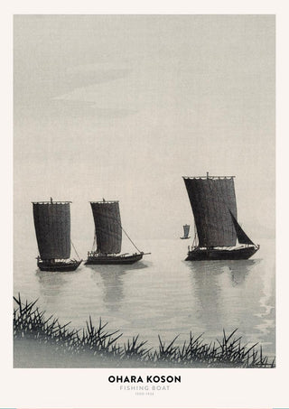 Three traditional fishing boats with tall sails on calm water, artwork by Ohara Koson called "Fishing Boat."