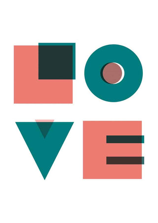 Abstract geometric design spelling "LOVE" in teal and pink on a white background.