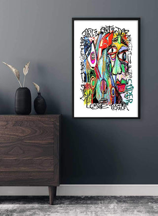 Colorful abstract Super Love Artsy Atelier Plakat hanging on a grey wall above a modern dark wood dresser.