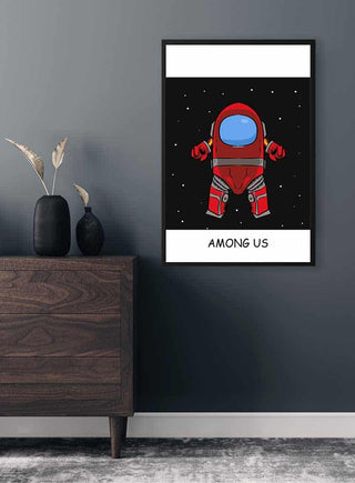 Among Us poster featuring a red crewmate floating in space, displayed on a grey wall above a wooden dresser.