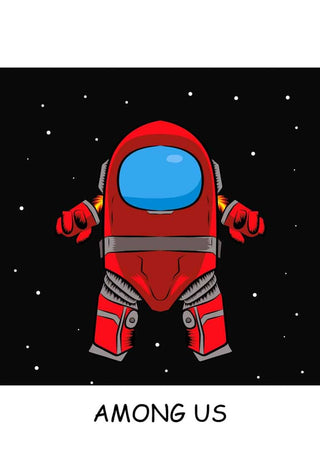 Poster featuring a red crewmate from Among Us floating in space with "AMONG US" text below.