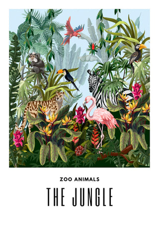 Colorful jungle poster with zebra, flamingo, leopard, monkeys, birds and lush green plants. Text: The Jungle.