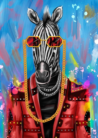 A stylish zebra in red studded jacket and gold sunglasses with chains, against a colorful splattered background.