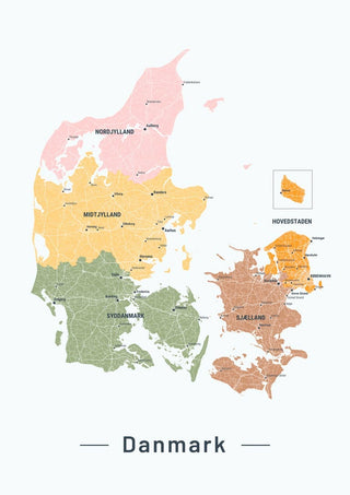 Colored map poster of Denmark with labeled regions and a small inset showing Hovedstaden.