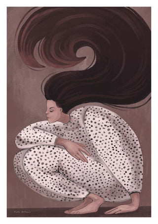 Illustration of a woman in a spotted suit, crouching with long flowing hair, from My Hair is Love - Kate Aitana Plakat.