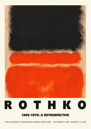 Abstract Mark Rothko poster with large black and orange shapes, text reads "A Retrospective 1903-1970".