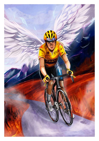 Illustration of Jonas Vingegaard cycling uphill with angel wings, vibrant mountains in the background.