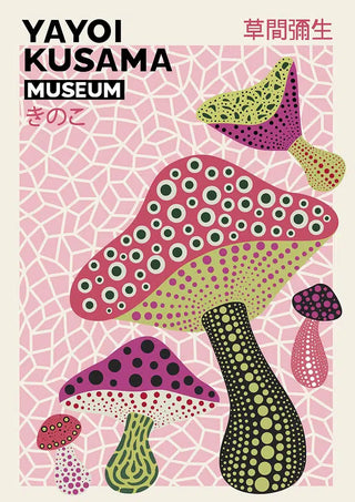 Poster of Yayoi Kusama's Infinity Mushroom featuring colorful, dotted mushrooms against a mosaic background.