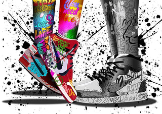 Colorful graffiti-style shoes and leggings by Danii Steinfeldt, with vibrant street art designs.