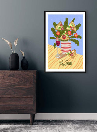 Framed "Pizza Plante" by Nina Broen featuring a pizza slice bouquet, displayed on a modern interior wall.
