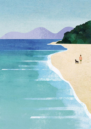 Illustration of a girl and dog on a beach with turquoise water, distant hills, and lush greenery.