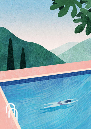Minimalist illustration of a swimmer in a pool with mountains and greenery in the background.