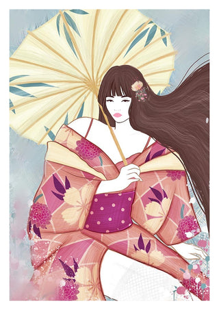 Illustration of a woman in a floral kimono holding a yellow parasol, representing Japanese Impulse - Kate Aitana.