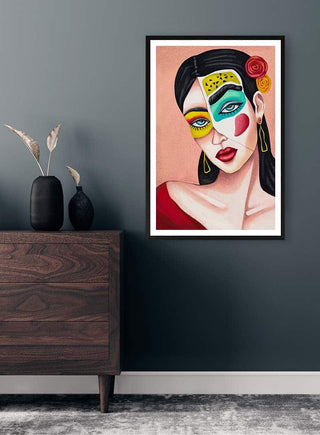 Framed "Colorful Eyes" by Martina Karlsson on a gray wall above a wooden dresser with vases.