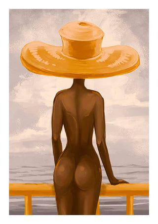Painting of a nude figure in a wide hat facing the sea, inspired by Vincent V’s Nudes collection.