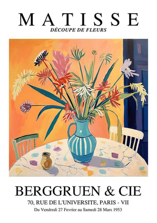 Colorful cut-out style flowers in a blue-striped vase on a round table, inspired by Matisse artwork.