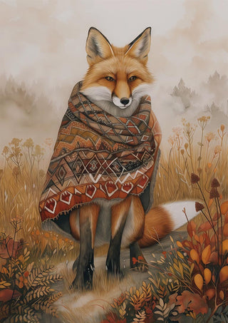 Illustration of a fox wearing a patterned shawl, sitting in an autumn field; Fox Out The Box product image.