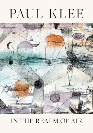 Abstract geometric artwork with circles and lines, muted colors; "Paul Klee In the Realm of Air 1917" displayed.