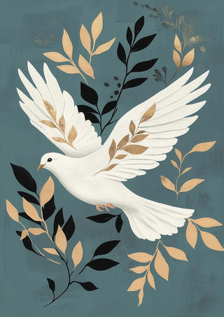 A white dove with gold and black leaves, symbolizing peace for Christmas on a teal background.