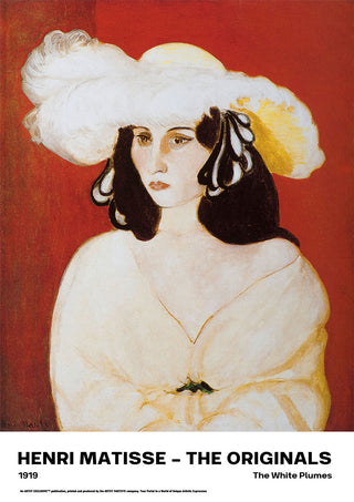 Portrait of a woman in a white hat with plumes, set against a red background; by Henri Matisse, 1919.
