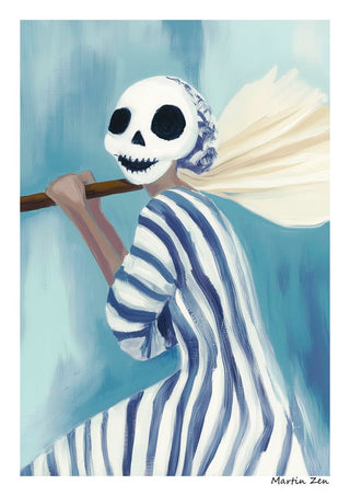 Painting of a figure in striped clothing holding a broom, wearing a skull mask. Art by Martin Zen for Skt. Hans.