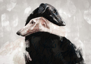 Digital artwork "At All Times II" by Gabriella Roberg featuring two dogs embracing against a muted background.