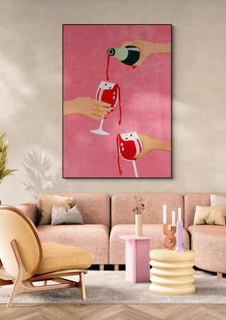 Wall art titled "Cheers to my Girl Gang" by Raissa Oltmanns featuring hands pouring wine on a pink background.