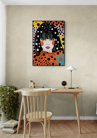 Framed Kusama Yayoi- Vincent V. artwork with bold dots above a minimalist wooden desk and chair.
