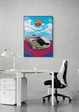 Camp Nou Barcelona Football Poster featuring the stadium and FC Barcelona crest, displayed above a modern desk setup.