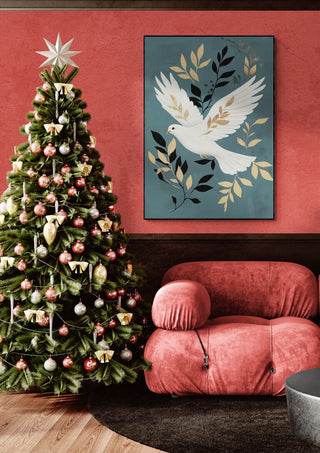 Christmas tree with ornaments beside a pink chair and dove artwork, evoking peace, love, and holiday spirit.
