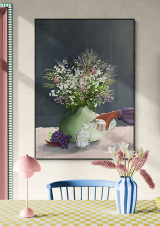 Frivolous Afternoon - Goed Blauw art print featuring a floral bouquet, grapes, and glassware on a pastel table.