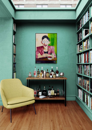 "I See You - Martin Zen" artwork hangs above a drink table in a modern, green-walled reading room.