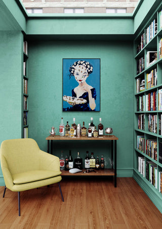 My Precious - Martin Zen artwork displayed in a stylish room with bookshelves, bar cart, and green armchair.