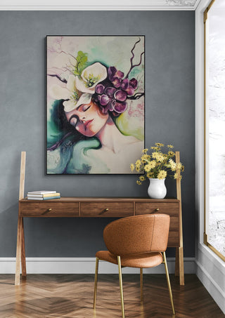 Artwork "Point of no Return" by Martin Zen displayed in a modern room above a wooden desk with flowers.