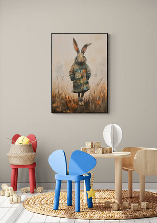 Art print of a stylishly dressed rabbit hangs on the wall in a cozy kids' playroom with colorful furniture.