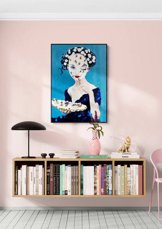 My Precious - Martin Zen artwork of a woman with flowers on a blue background hanging above a modern shelf